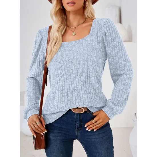 Solid Color Long Sleeves Loose Square-Neck T-Shirts Tops Solid Color Long Sleeves Loose Square-Neck T-Shirts Tops