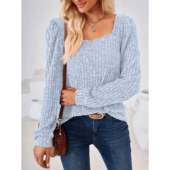 Solid Color Long Sleeves Loose Square-Neck T-Shirts Tops Solid Color Long Sleeves Loose Square-Neck T-Shirts Tops