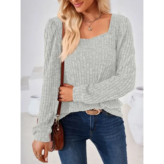 Solid Color Long Sleeves Loose Square-Neck T-Shirts Tops Solid Color Long Sleeves Loose Square-Neck T-Shirts Tops