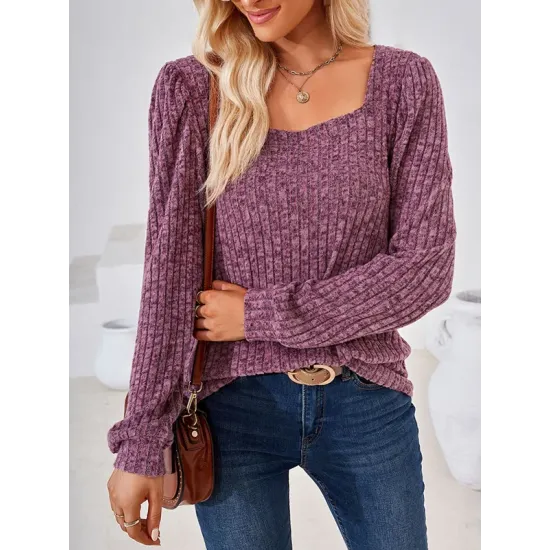 Solid Color Long Sleeves Loose Square-Neck T-Shirts Tops Solid Color Long Sleeves Loose Square-Neck T-Shirts Tops