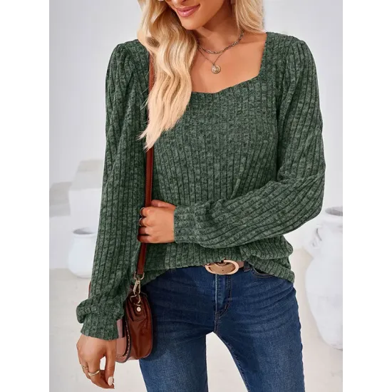 Solid Color Long Sleeves Loose Square-Neck T-Shirts Tops Solid Color Long Sleeves Loose Square-Neck T-Shirts Tops