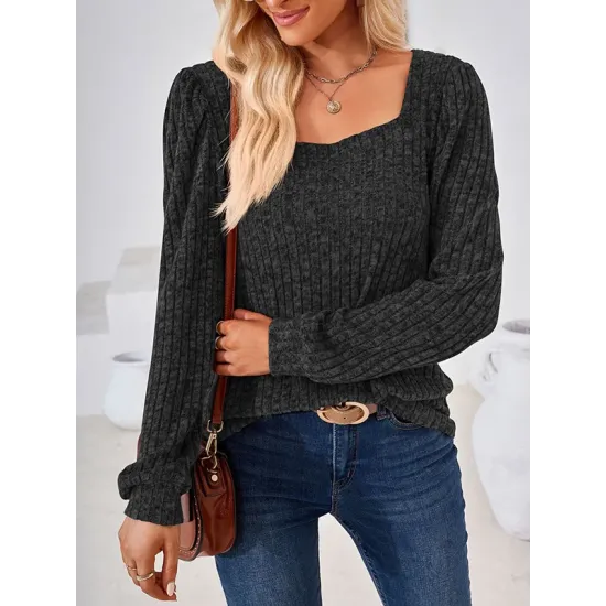 Solid Color Long Sleeves Loose Square-Neck T-Shirts Tops Solid Color Long Sleeves Loose Square-Neck T-Shirts Tops