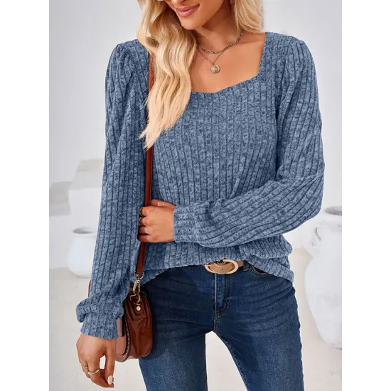 Solid Color Long Sleeves Loose Square-Neck T-Shirts Tops Solid Color Long Sleeves Loose Square-Neck T-Shirts Tops