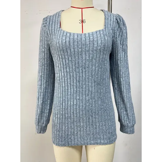 Solid Color Long Sleeves Loose Square-Neck T-Shirts Tops Solid Color Long Sleeves Loose Square-Neck T-Shirts Tops
