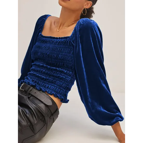 Elasticity Solid Color Velvet Long Sleeves Loose Square-Neck T-Shirts Tops Elasticity Solid Color Velvet Long Sleeves Loose Square-Neck T-Shirts Tops