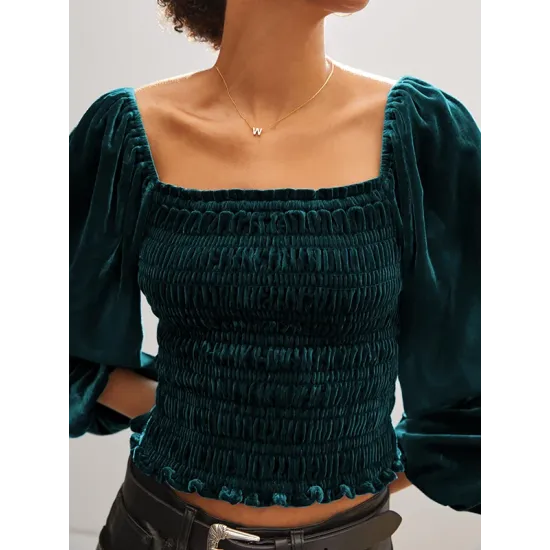 Elasticity Solid Color Velvet Long Sleeves Loose Square-Neck T-Shirts Tops Elasticity Solid Color Velvet Long Sleeves Loose Square-Neck T-Shirts Tops
