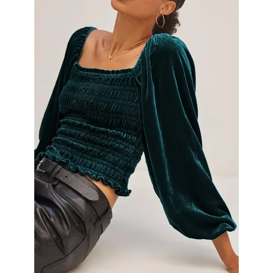 Elasticity Solid Color Velvet Long Sleeves Loose Square-Neck T-Shirts Tops Elasticity Solid Color Velvet Long Sleeves Loose Square-Neck T-Shirts Tops