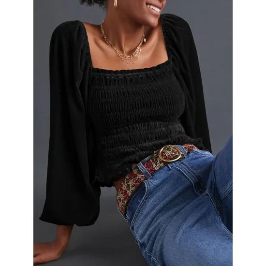 Elasticity Solid Color Velvet Long Sleeves Loose Square-Neck T-Shirts Tops Elasticity Solid Color Velvet Long Sleeves Loose Square-Neck T-Shirts Tops