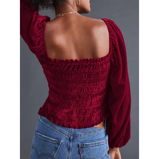 Elasticity Solid Color Velvet Long Sleeves Loose Square-Neck T-Shirts Tops Elasticity Solid Color Velvet Long Sleeves Loose Square-Neck T-Shirts Tops