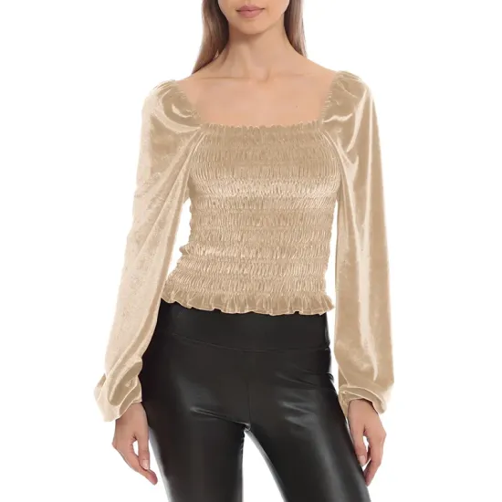 Elasticity Solid Color Velvet Long Sleeves Loose Square-Neck T-Shirts Tops Elasticity Solid Color Velvet Long Sleeves Loose Square-Neck T-Shirts Tops