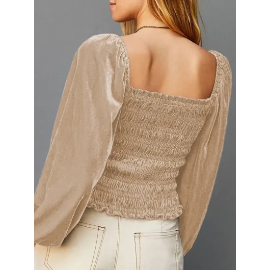 Elasticity Solid Color Velvet Long Sleeves Loose Square-Neck T-Shirts Tops Elasticity Solid Color Velvet Long Sleeves Loose Square-Neck T-Shirts Tops