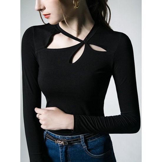 Hollow Solid Color Long Sleeves Skinny Asymmetric Collar T-Shirts Tops Hollow Solid Color Long Sleeves Skinny Asymmetric Collar T-Shirts Tops