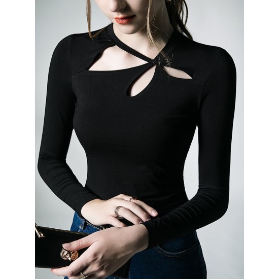 Hollow Solid Color Long Sleeves Skinny Asymmetric Collar T-Shirts Tops Hollow Solid Color Long Sleeves Skinny Asymmetric Collar T-Shirts Tops