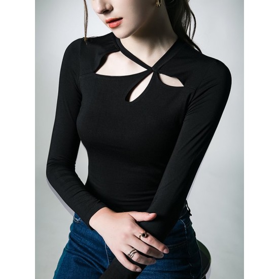 Hollow Solid Color Long Sleeves Skinny Asymmetric Collar T-Shirts Tops Hollow Solid Color Long Sleeves Skinny Asymmetric Collar T-Shirts Tops