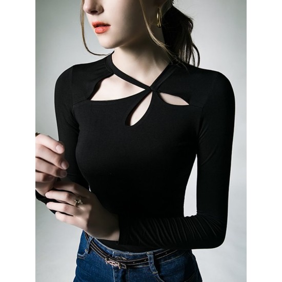 Hollow Solid Color Long Sleeves Skinny Asymmetric Collar T-Shirts Tops Hollow Solid Color Long Sleeves Skinny Asymmetric Collar T-Shirts Tops