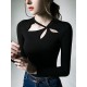 Hollow Solid Color Long Sleeves Skinny Asymmetric Collar T-Shirts Tops Hollow Solid Color Long Sleeves Skinny Asymmetric Collar T-Shirts Tops
