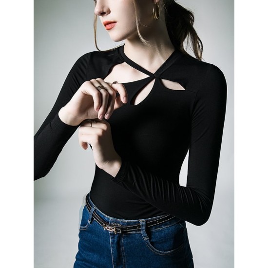 Hollow Solid Color Long Sleeves Skinny Asymmetric Collar T-Shirts Tops Hollow Solid Color Long Sleeves Skinny Asymmetric Collar T-Shirts Tops