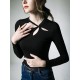 Hollow Solid Color Long Sleeves Skinny Asymmetric Collar T-Shirts Tops Hollow Solid Color Long Sleeves Skinny Asymmetric Collar T-Shirts Tops