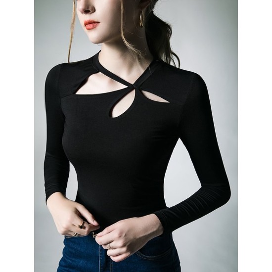 Hollow Solid Color Long Sleeves Skinny Asymmetric Collar T-Shirts Tops Hollow Solid Color Long Sleeves Skinny Asymmetric Collar T-Shirts Tops