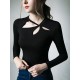 Hollow Solid Color Long Sleeves Skinny Asymmetric Collar T-Shirts Tops Hollow Solid Color Long Sleeves Skinny Asymmetric Collar T-Shirts Tops