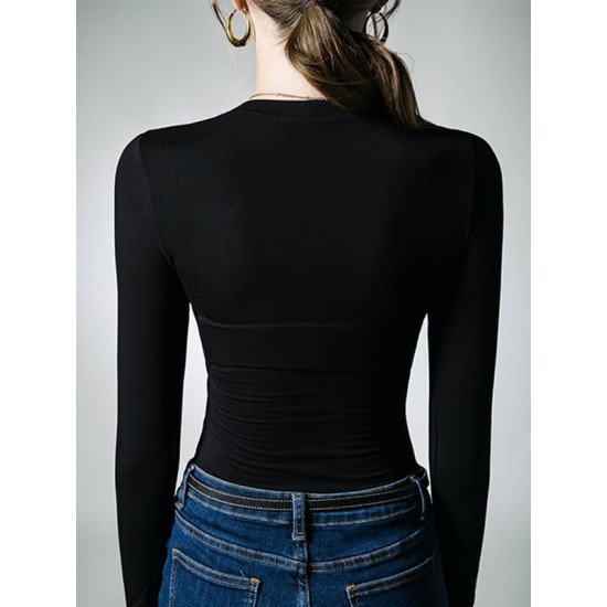 Hollow Solid Color Long Sleeves Skinny Asymmetric Collar T-Shirts Tops Hollow Solid Color Long Sleeves Skinny Asymmetric Collar T-Shirts Tops