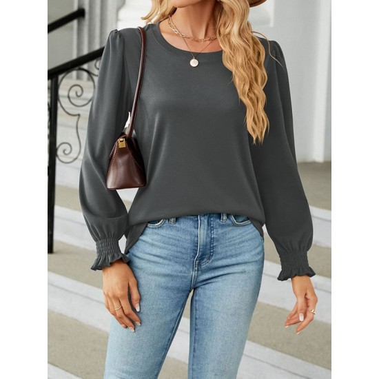 Elasticity Solid Color Long Sleeves Loose Round-Neck T-Shirts Tops Elasticity Solid Color Long Sleeves Loose Round-Neck T-Shirts Tops