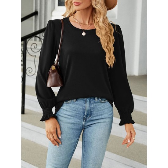 Elasticity Solid Color Long Sleeves Loose Round-Neck T-Shirts Tops Elasticity Solid Color Long Sleeves Loose Round-Neck T-Shirts Tops