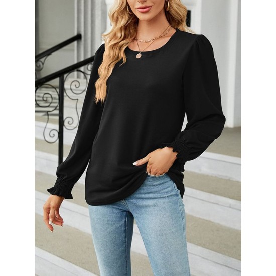 Elasticity Solid Color Long Sleeves Loose Round-Neck T-Shirts Tops Elasticity Solid Color Long Sleeves Loose Round-Neck T-Shirts Tops