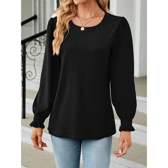 Elasticity Solid Color Long Sleeves Loose Round-Neck T-Shirts Tops Elasticity Solid Color Long Sleeves Loose Round-Neck T-Shirts Tops