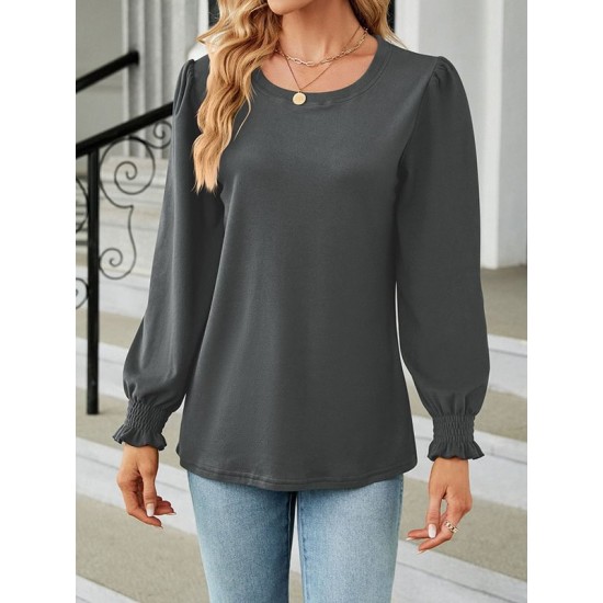 Elasticity Solid Color Long Sleeves Loose Round-Neck T-Shirts Tops Elasticity Solid Color Long Sleeves Loose Round-Neck T-Shirts Tops