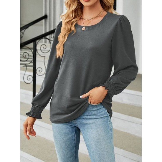 Elasticity Solid Color Long Sleeves Loose Round-Neck T-Shirts Tops Elasticity Solid Color Long Sleeves Loose Round-Neck T-Shirts Tops