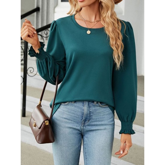 Elasticity Solid Color Long Sleeves Loose Round-Neck T-Shirts Tops Elasticity Solid Color Long Sleeves Loose Round-Neck T-Shirts Tops