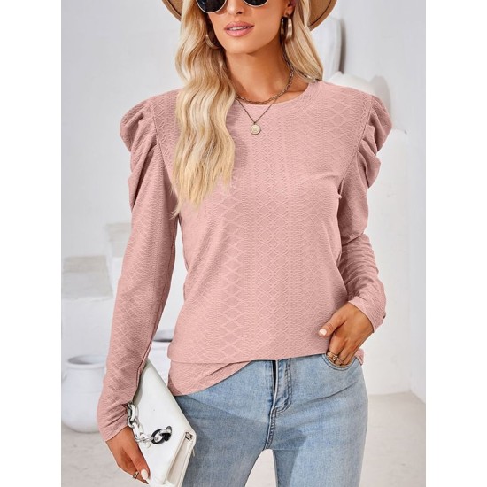 Pleated Solid Color Long Sleeves Loose Round-Neck T-Shirts Tops Pleated Solid Color Long Sleeves Loose Round-Neck T-Shirts Tops
