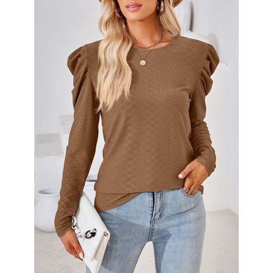 Pleated Solid Color Long Sleeves Loose Round-Neck T-Shirts Tops Pleated Solid Color Long Sleeves Loose Round-Neck T-Shirts Tops