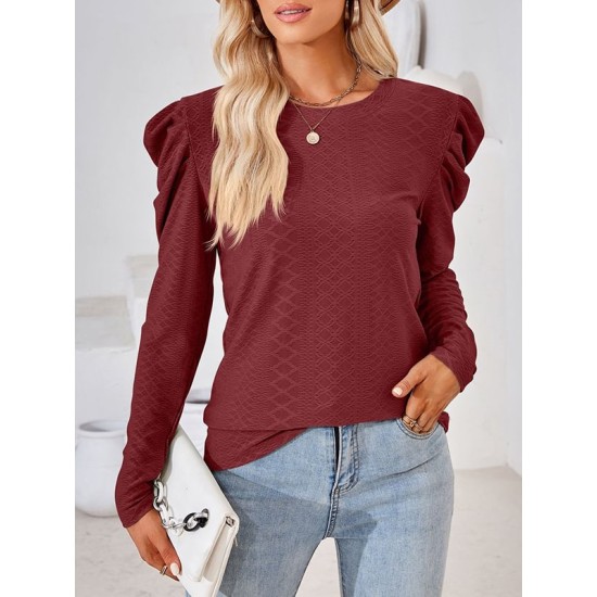 Pleated Solid Color Long Sleeves Loose Round-Neck T-Shirts Tops Pleated Solid Color Long Sleeves Loose Round-Neck T-Shirts Tops