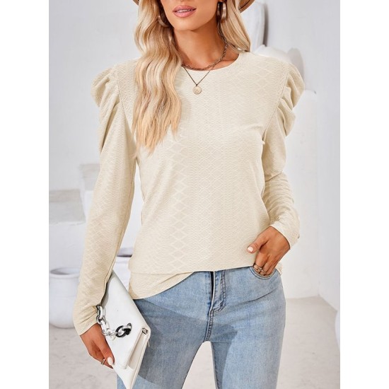 Pleated Solid Color Long Sleeves Loose Round-Neck T-Shirts Tops Pleated Solid Color Long Sleeves Loose Round-Neck T-Shirts Tops