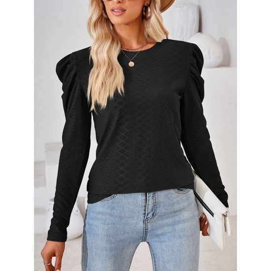Pleated Solid Color Long Sleeves Loose Round-Neck T-Shirts Tops Pleated Solid Color Long Sleeves Loose Round-Neck T-Shirts Tops