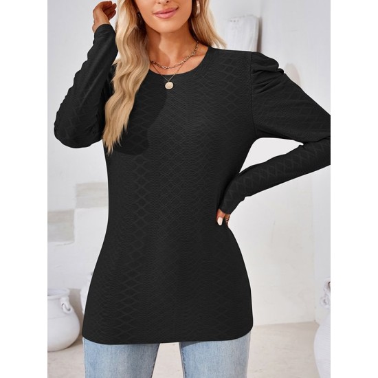 Pleated Solid Color Long Sleeves Loose Round-Neck T-Shirts Tops Pleated Solid Color Long Sleeves Loose Round-Neck T-Shirts Tops