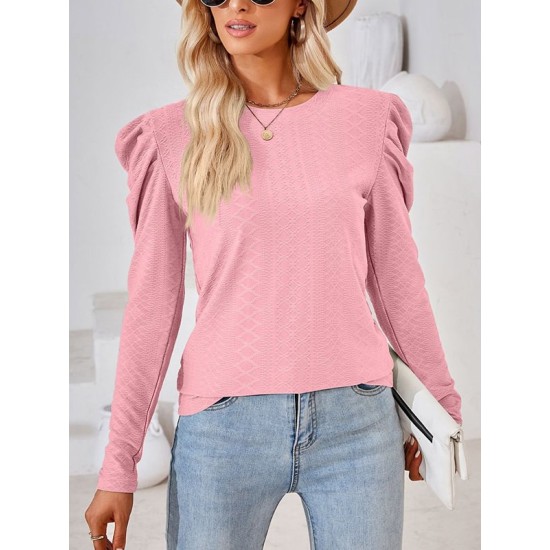 Pleated Solid Color Long Sleeves Loose Round-Neck T-Shirts Tops Pleated Solid Color Long Sleeves Loose Round-Neck T-Shirts Tops