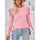 Pleated Solid Color Long Sleeves Loose Round-Neck T-Shirts Tops Pleated Solid Color Long Sleeves Loose Round-Neck T-Shirts Tops