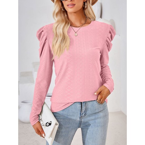 Pleated Solid Color Long Sleeves Loose Round-Neck T-Shirts Tops Pleated Solid Color Long Sleeves Loose Round-Neck T-Shirts Tops