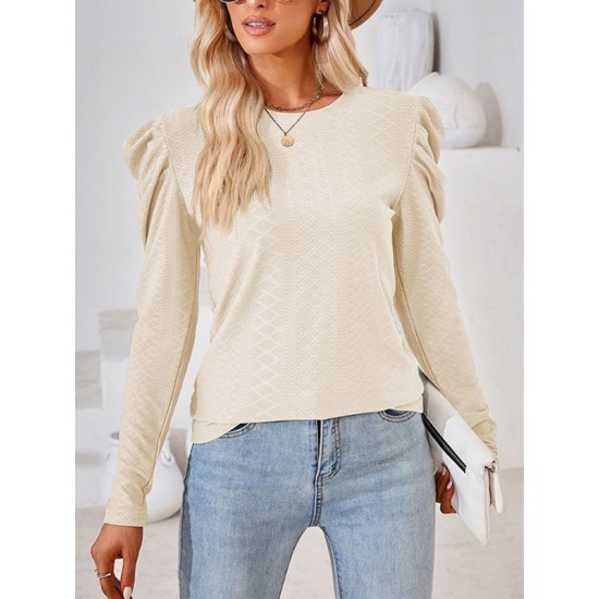 Pleated Solid Color Long Sleeves Loose Round-Neck T-Shirts Tops Pleated Solid Color Long Sleeves Loose Round-Neck T-Shirts Tops
