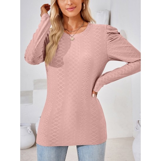 Pleated Solid Color Long Sleeves Loose Round-Neck T-Shirts Tops Pleated Solid Color Long Sleeves Loose Round-Neck T-Shirts Tops