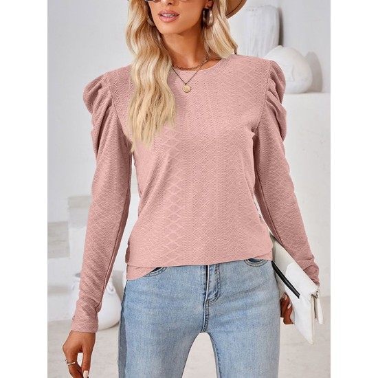 Pleated Solid Color Long Sleeves Loose Round-Neck T-Shirts Tops Pleated Solid Color Long Sleeves Loose Round-Neck T-Shirts Tops