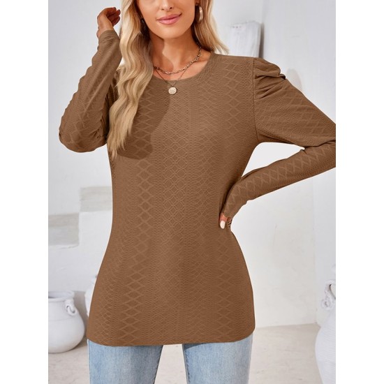 Pleated Solid Color Long Sleeves Loose Round-Neck T-Shirts Tops Pleated Solid Color Long Sleeves Loose Round-Neck T-Shirts Tops