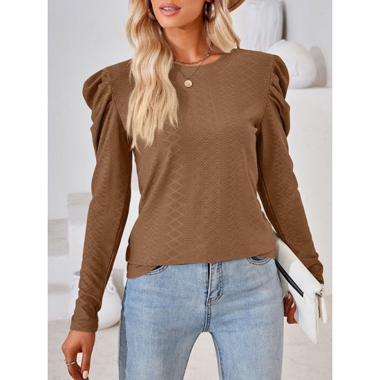 Pleated Solid Color Long Sleeves Loose Round-Neck T-Shirts Tops Pleated Solid Color Long Sleeves Loose Round-Neck T-Shirts Tops