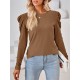 Pleated Solid Color Long Sleeves Loose Round-Neck T-Shirts Tops Pleated Solid Color Long Sleeves Loose Round-Neck T-Shirts Tops
