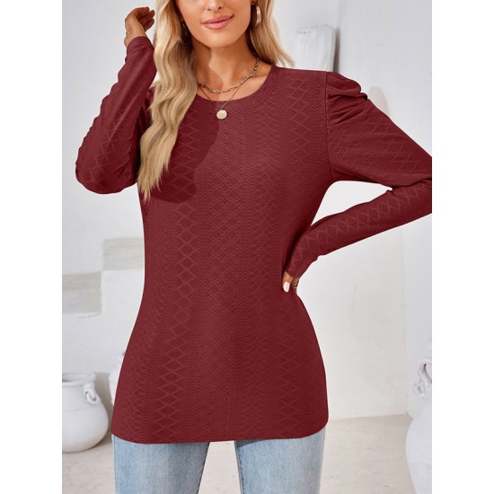 Pleated Solid Color Long Sleeves Loose Round-Neck T-Shirts Tops Pleated Solid Color Long Sleeves Loose Round-Neck T-Shirts Tops