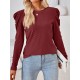 Pleated Solid Color Long Sleeves Loose Round-Neck T-Shirts Tops Pleated Solid Color Long Sleeves Loose Round-Neck T-Shirts Tops