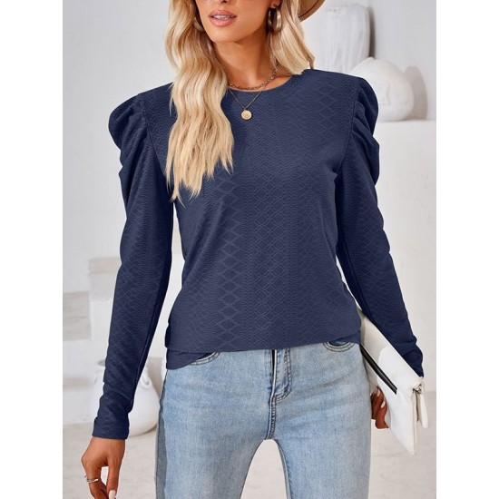 Pleated Solid Color Long Sleeves Loose Round-Neck T-Shirts Tops Pleated Solid Color Long Sleeves Loose Round-Neck T-Shirts Tops